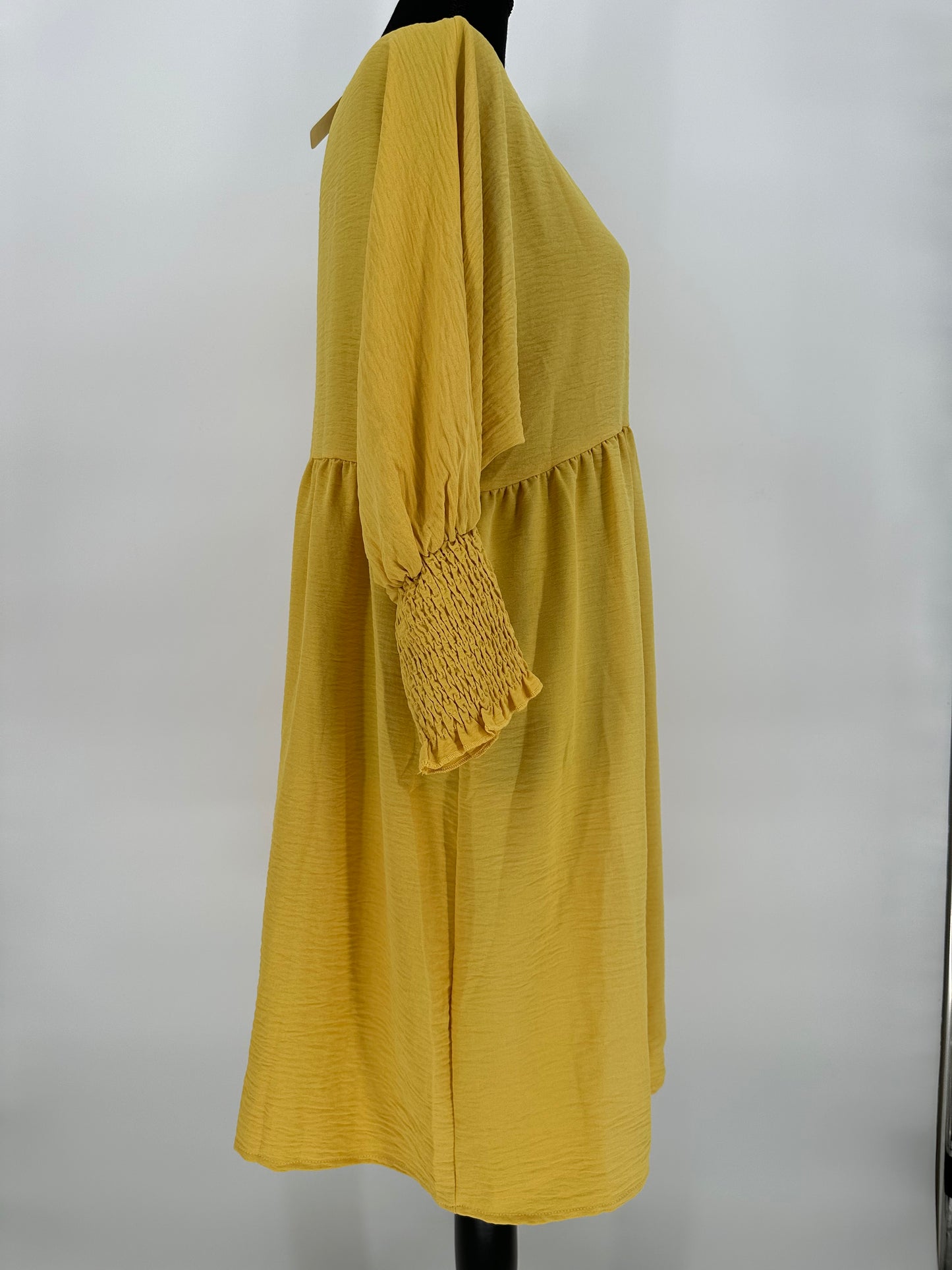 Yellow Gold Empire Waist Dress with Elastic Cuff Sleeve