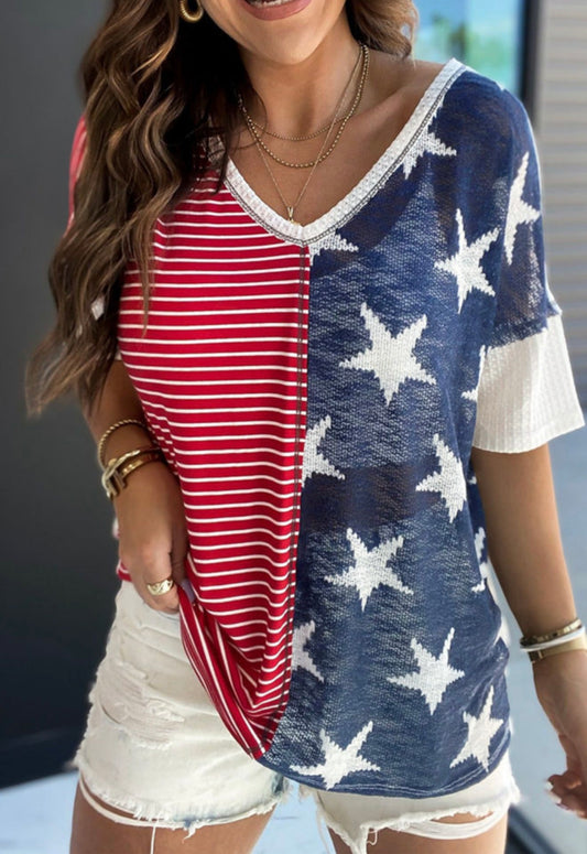 Red, white and blue stars and stripes V-neck short sleeve top