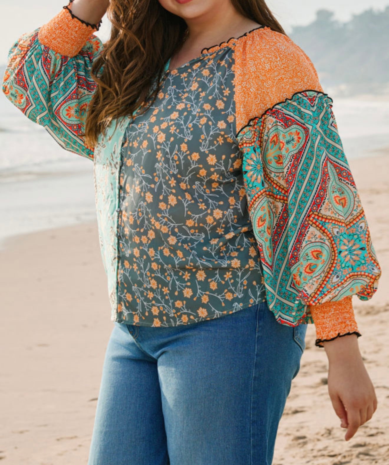 Multi Print Button Up Blouse with Elastic Cuff Sleeves
