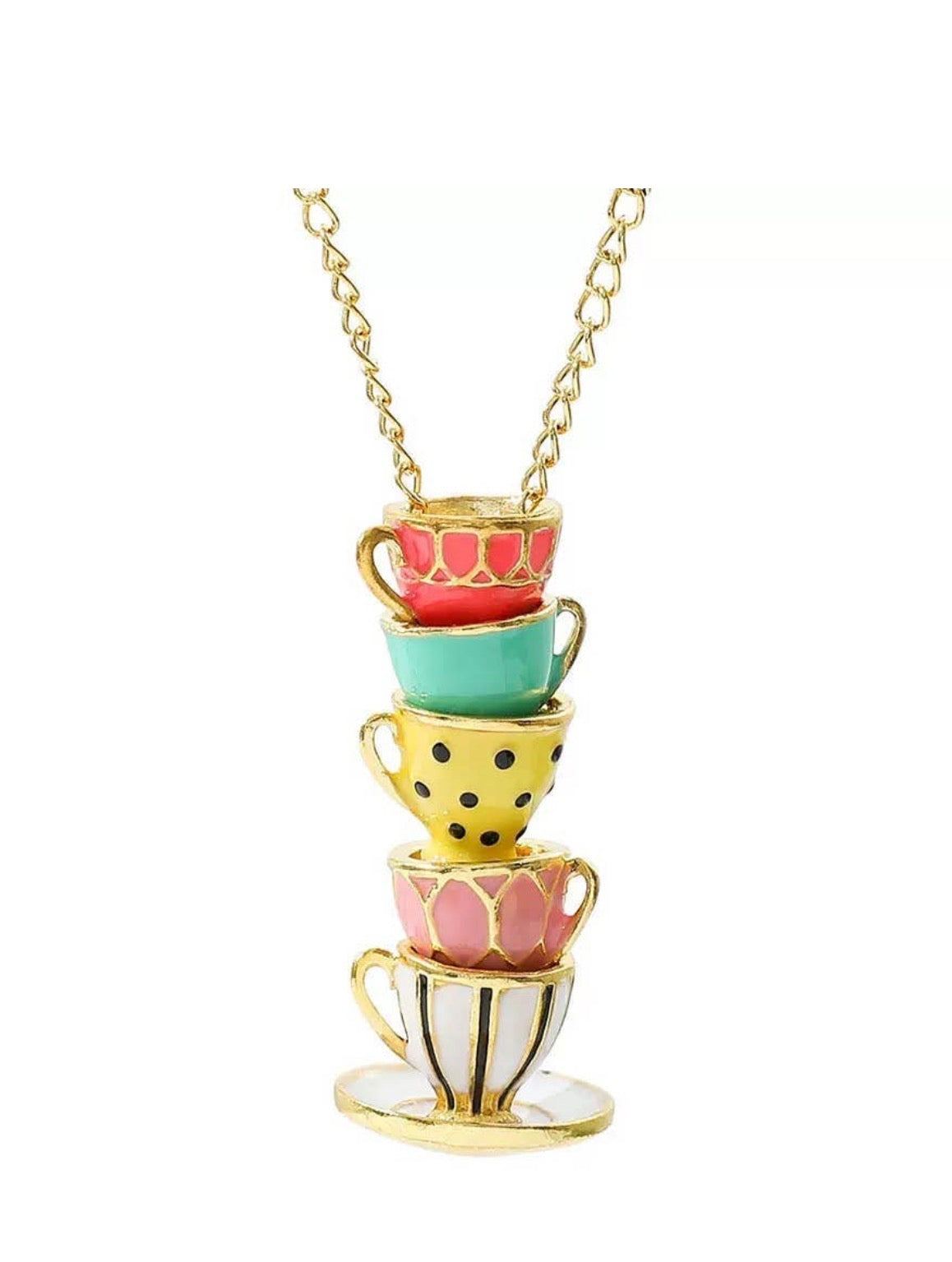 JW3 Stacked Tea Cup Necklace inspired by Alice in Wonderland, featuring layered tea cup charms on a delicate chain.