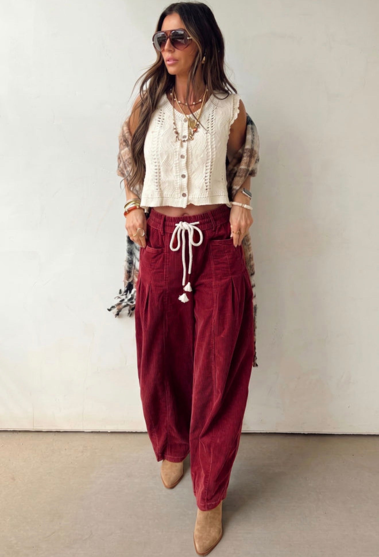 MLCP Burgundy Loose Fit Trendy Pants with Elastic Drawstring Waist