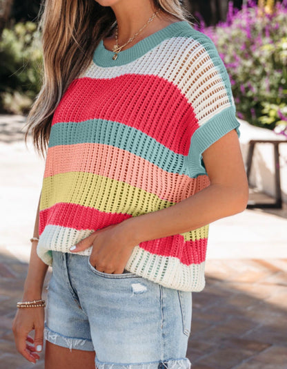 Multi-color striped short sleeve open weave sweater by Ivy's Gifts & Boutique, showing a lightweight, breathable knit design.