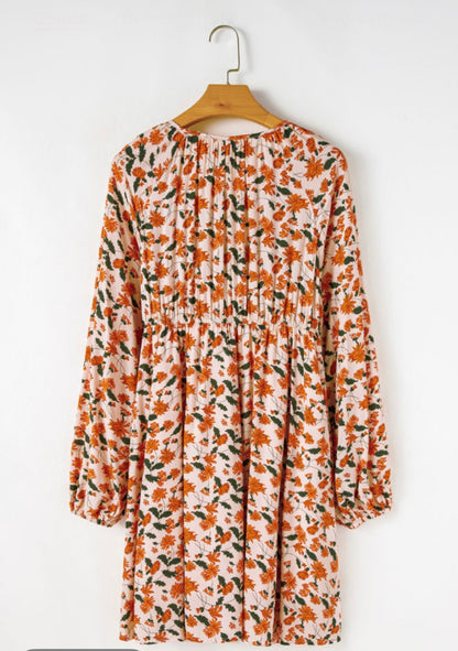 Orange Floral Print V-Neck Dress