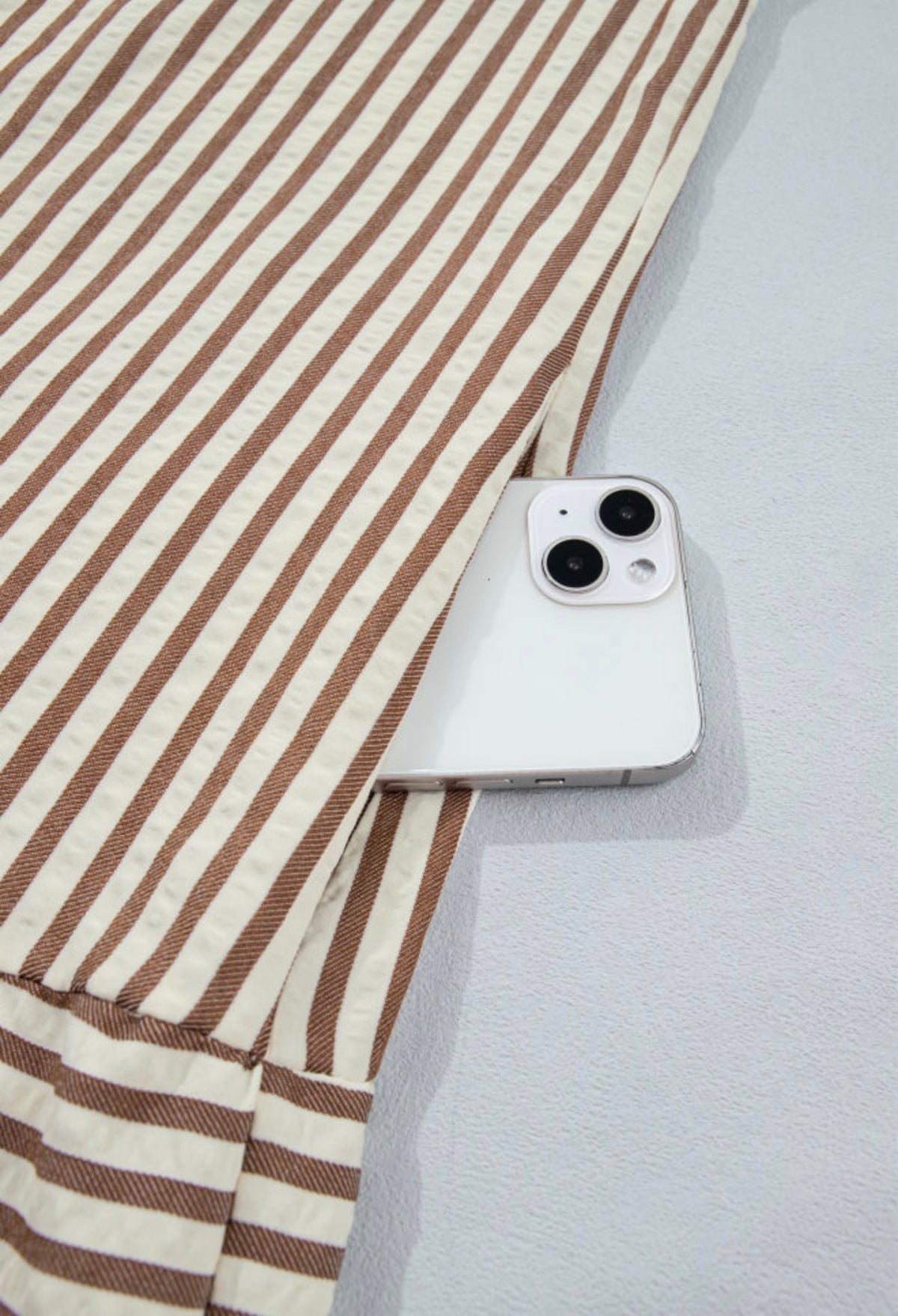 MLBS Brown and White Stripe Dress with Short Puff Sleeves Collar and Split Neckline