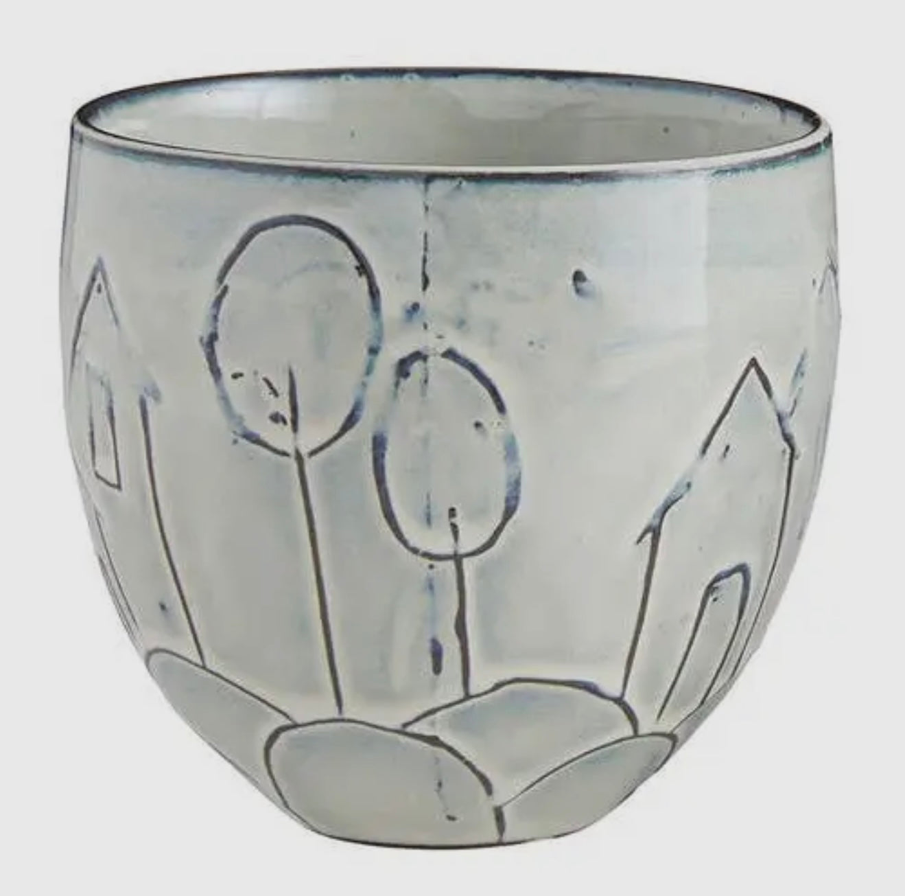 Abstract House and Trees Carved Pot