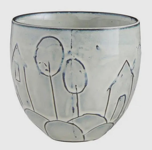 Abstract House and Trees Carved Pot