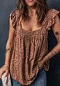 Brown Flutter Cap Sleeve Top with Tiny Flowers
