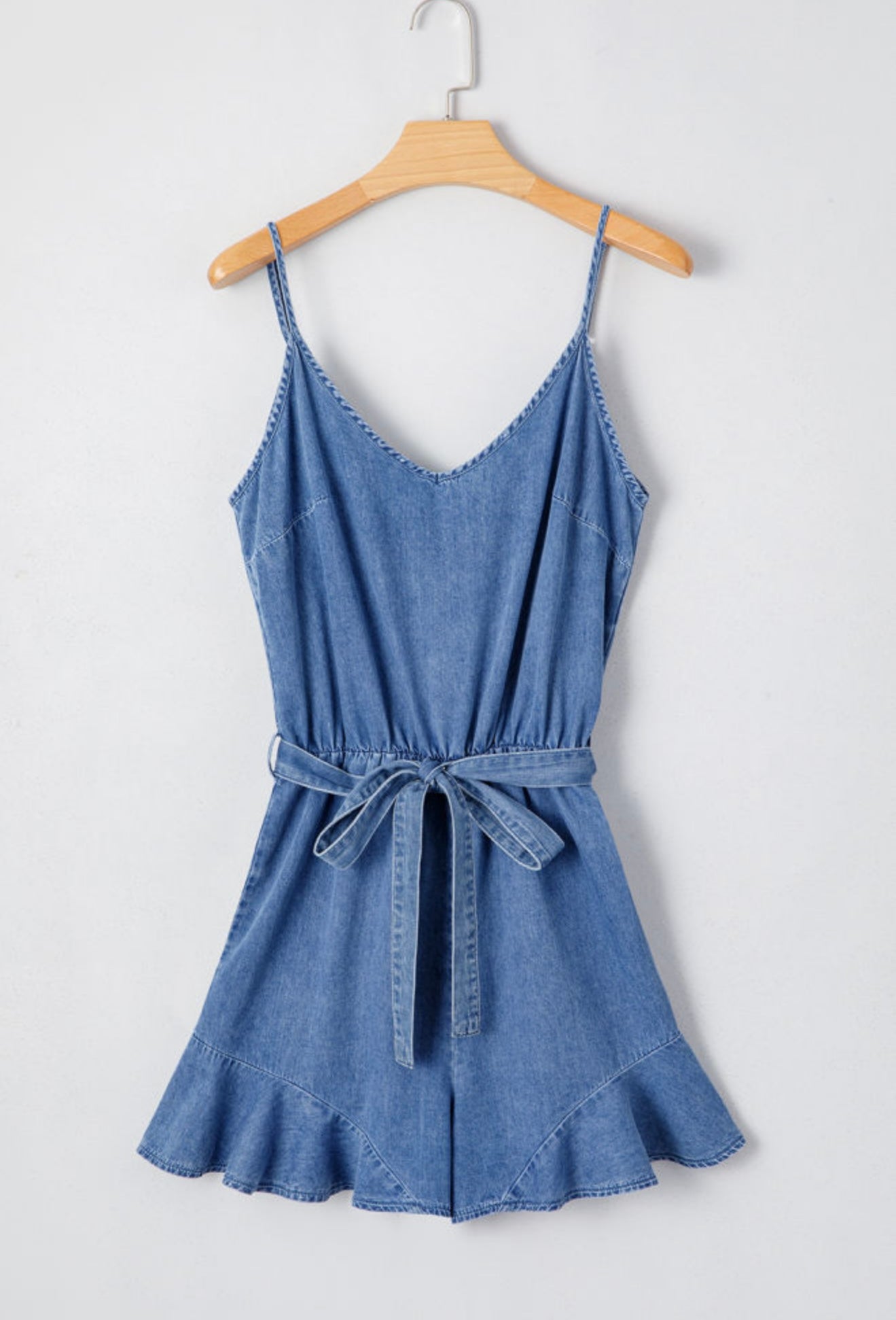Blue Jean Romper with Ruffle Hem