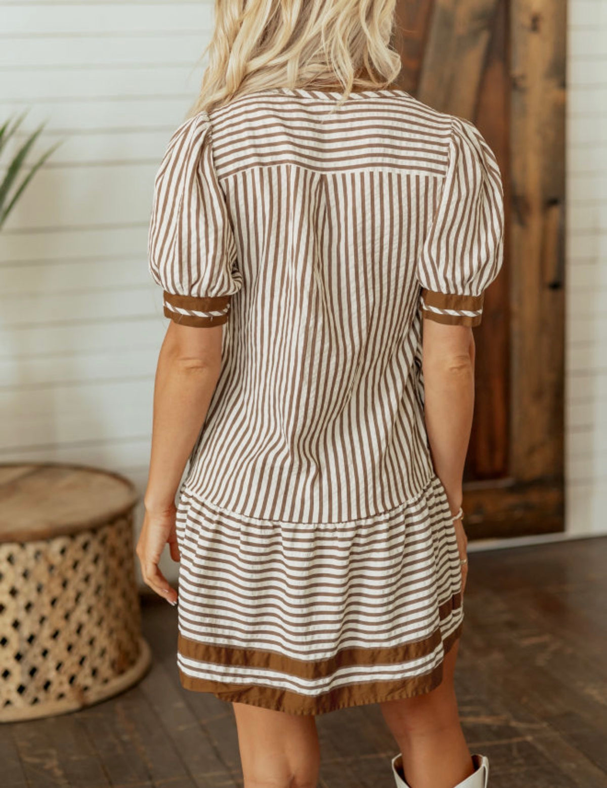 MLBS Brown and White Stripe Dress with Short Puff Sleeves Collar and Split Neckline