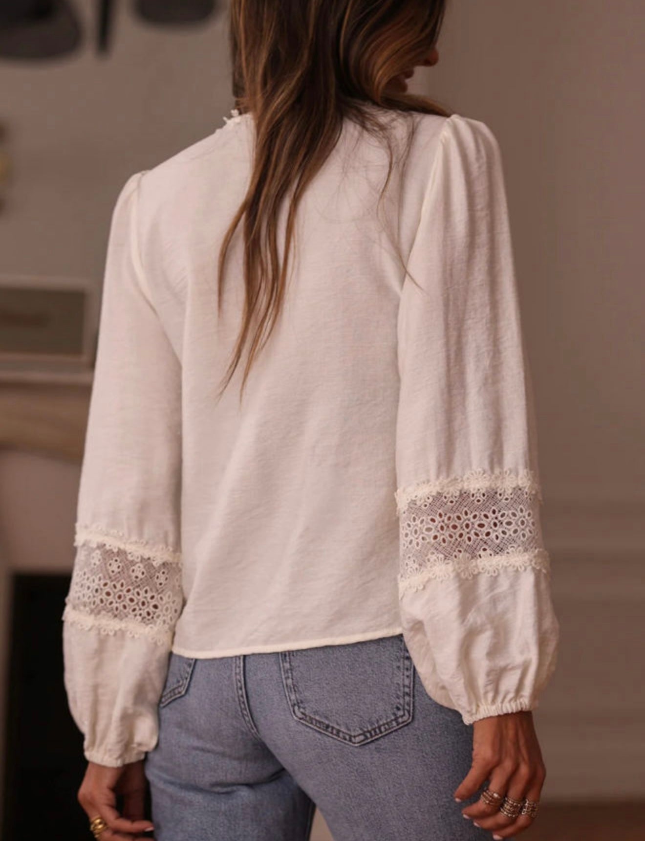 A70 White Floral Lace Accent V Neck Top - Ivy's Gifts & Boutique