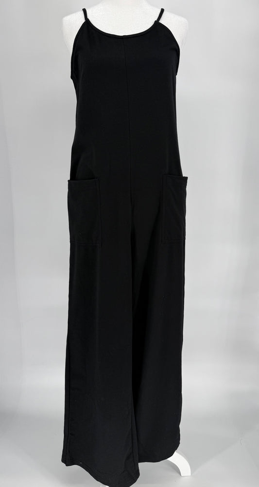 Black Loose Fit Overalls with Tie Neck