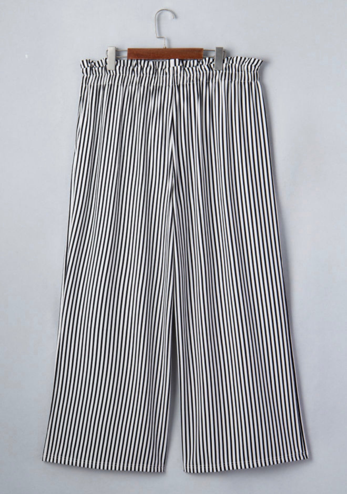 PP4 Paper Bag Style Elastic Waist Black and White Stripe Pants with Tie Belt