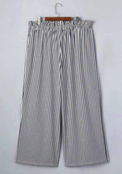 PP4 Paper Bag Style Elastic Waist Black and White Stripe Pants with Tie Belt
