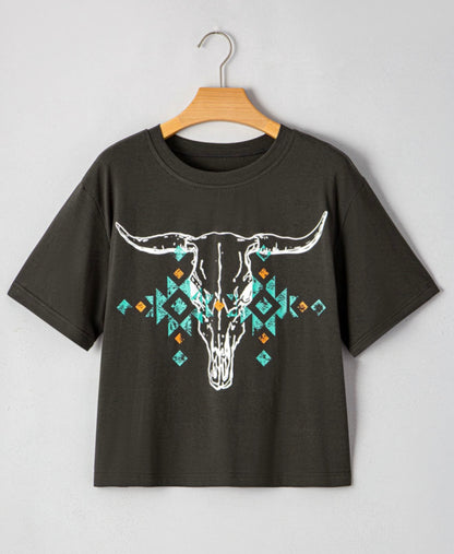 Gray Steer Skull with Turquoise Accents Cropped Tee