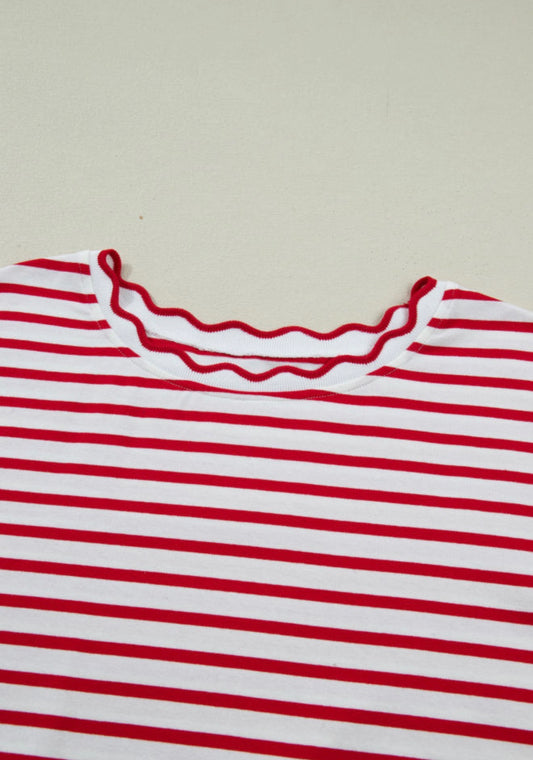PP22 Red and White Stripe Short Sleeve Top with Scalloped Edge Sleeve Hem and Neckline