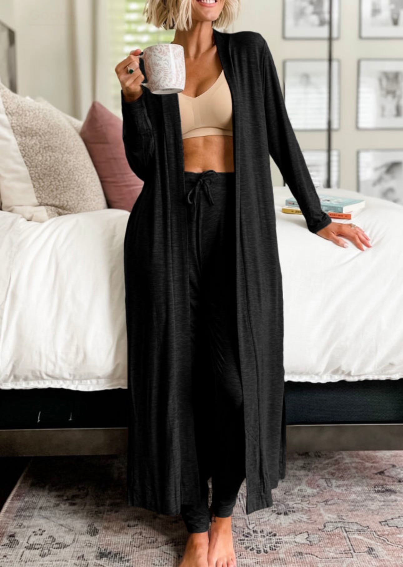 Black 2 pc Long Jacket Set with Drawstring Jogger Pants