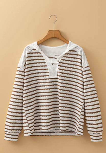 A36 Taupe Striped Hooded Shirt with Wooden Button - Ivy's Gifts & Boutique