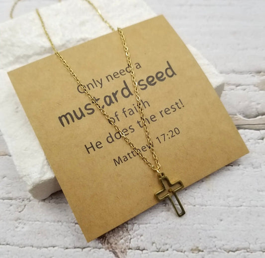 Gold mustard seed cross necklace from Ivy's Gifts & Boutique, displayed with sentiment card on a neutral background.