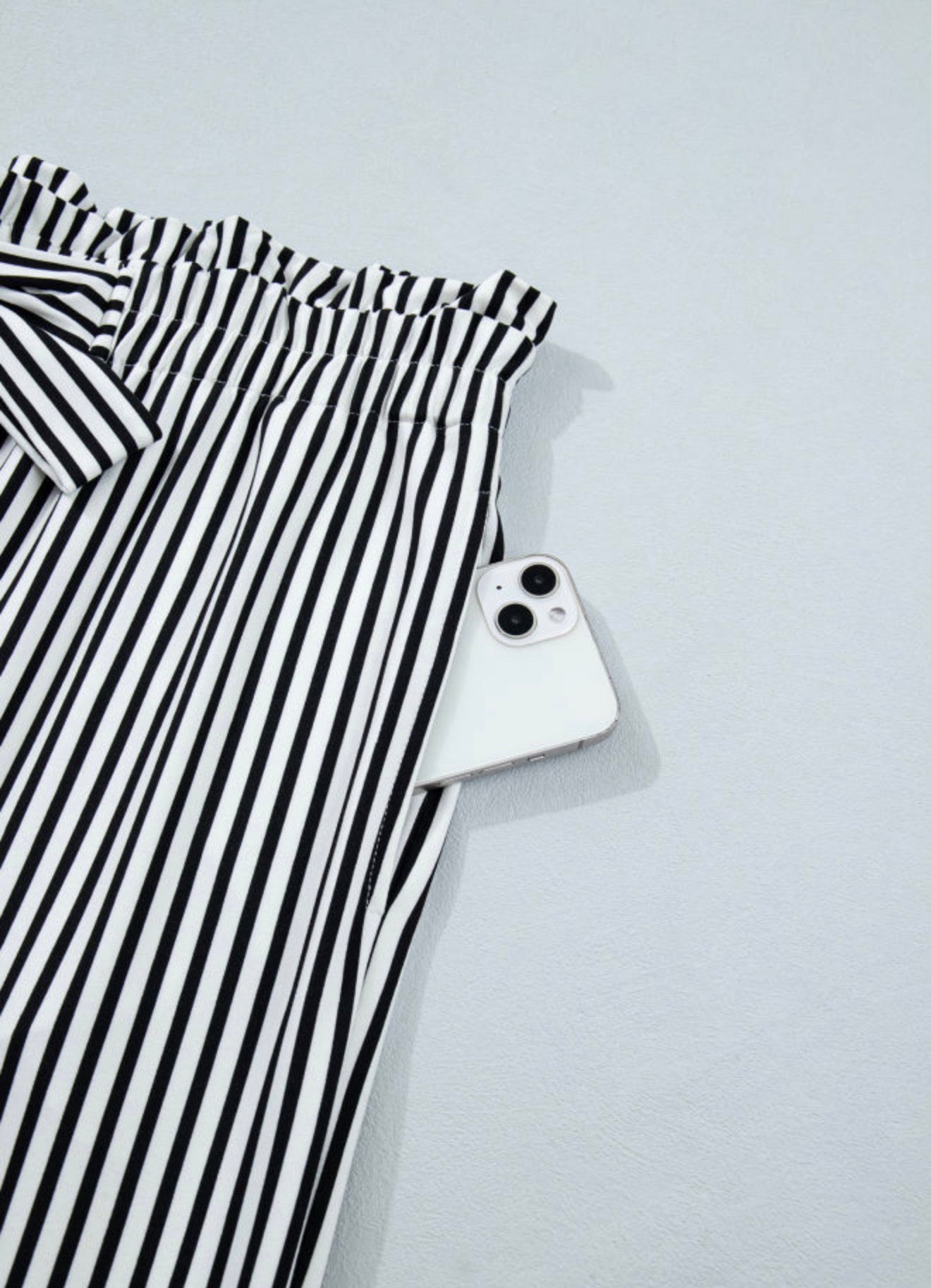 PP4 Paper Bag Style Elastic Waist Black and White Stripe Pants with Tie Belt