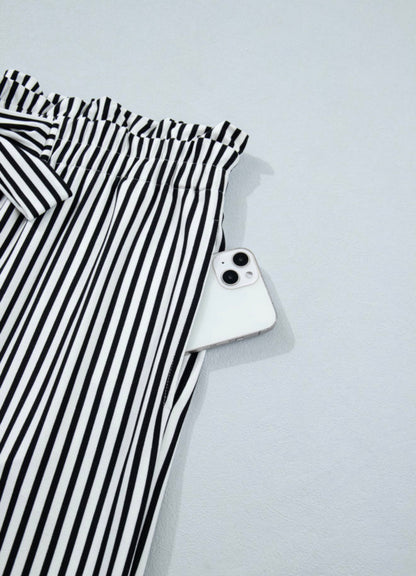 PP4 Paper Bag Style Elastic Waist Black and White Stripe Pants with Tie Belt