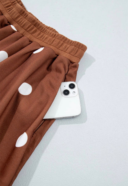 MLBPS Brown Large Polka Dot 2 Piece Skort Set with Long Sleeves Medium Weight Fabric and Pockets