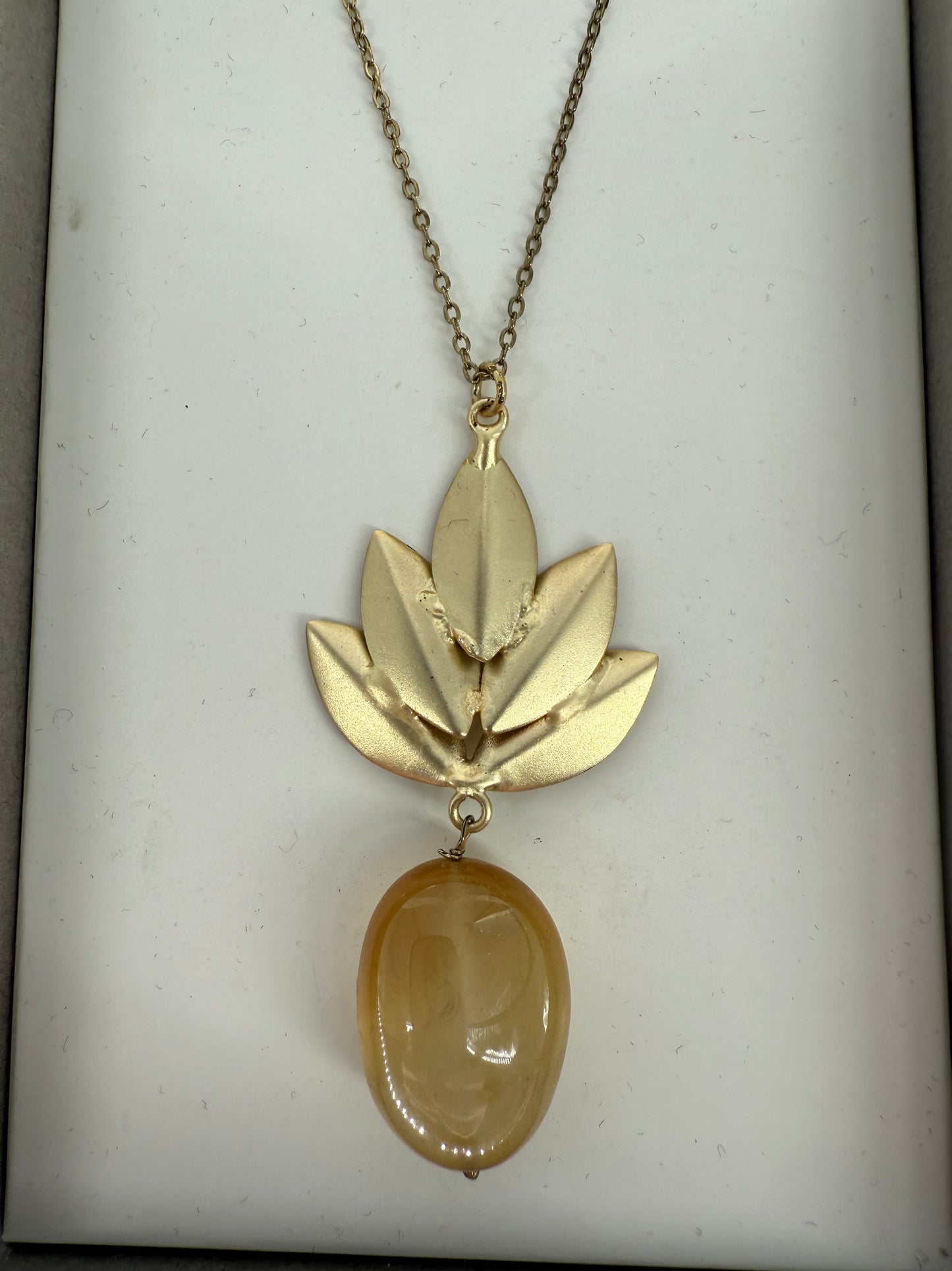 Gold Leaf Design Necklace with Natural Stone Pendant and Gold Leaf Design Bracelet