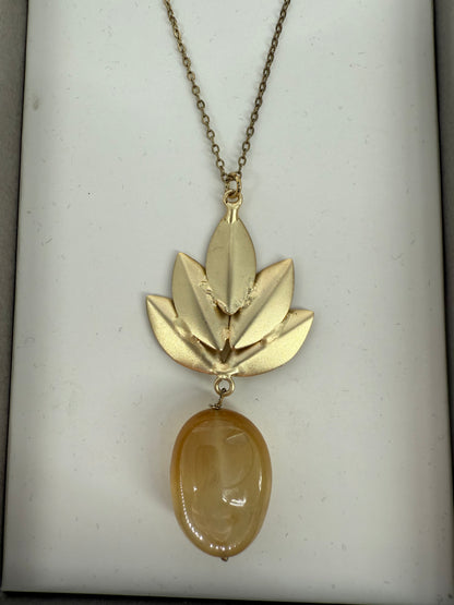 Gold Leaf Design Necklace with Natural Stone Pendant and Gold Leaf Design Bracelet