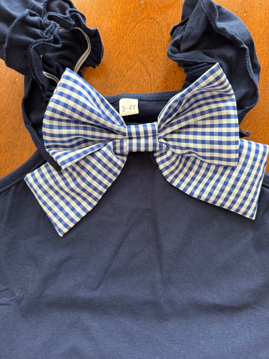 CH1 Navy Gingham Bow Detail 2pc Scallop Hem Short Set
