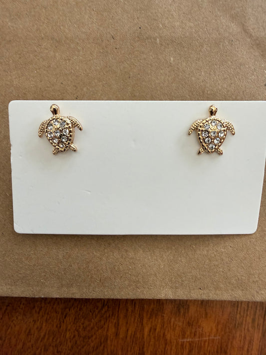 J31 Gold Turtle Earrings with Rhinestone Details