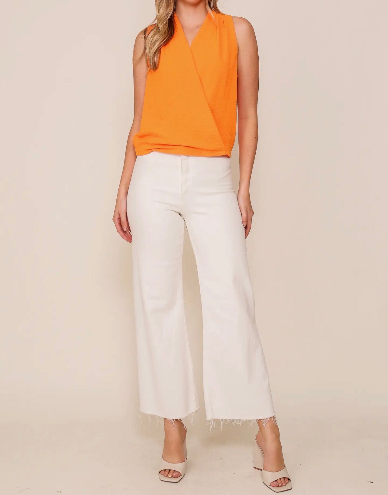 TN11 Orange Game Day Criss Cross Sleeveless Delicately Pleated Elastic Waist Top