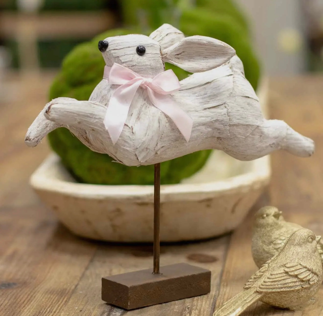 White Antique Style Leaping Bunny Rabbit with Pink Ribbon and Stand