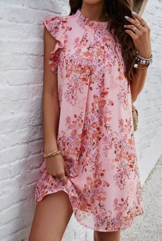 Pink Floral Sleeveless Ruffle Elegant Dress - Ivy's Gifts & Boutique