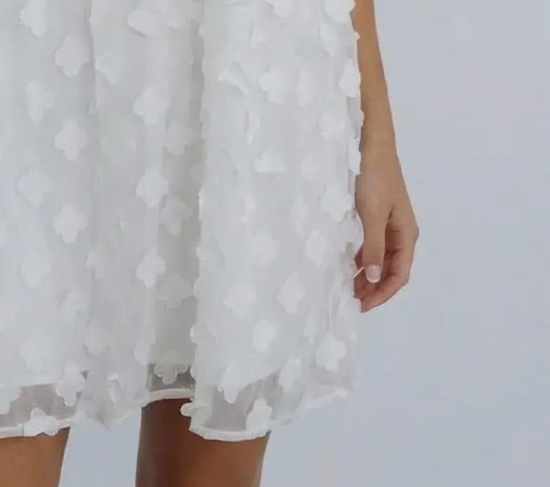 White Round Neck Babydoll Style Dress with Flower Applique - Ivy's Gifts & Boutique