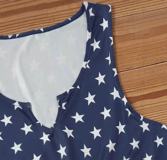 Patriotic Carefree Dress by Ivy's Gifts & Boutique, full-length view showing red, white, and blue star pattern and casual fit.