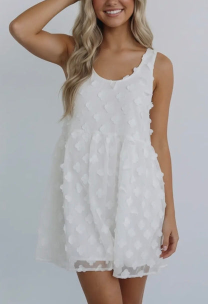 White Round Neck Babydoll Style Dress with Flower Applique - Ivy's Gifts & Boutique