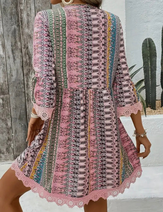 Boho chic A126 V-neck lace trim dress in soft fabric, featuring flowing design and intricate lace details, perfect for casual wear.