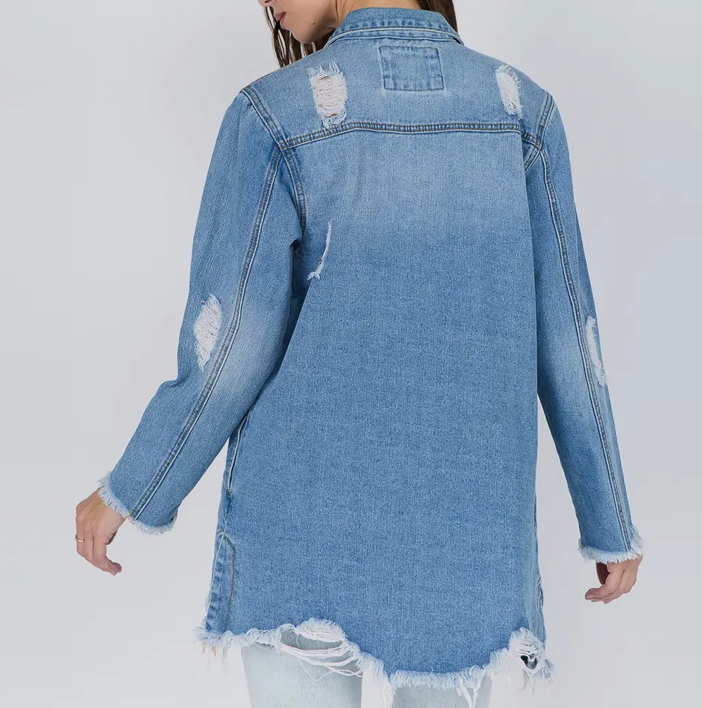 Distressed denim shirt jacket from Ivy's Gifts & Boutique, featuring a classic design and versatile style.