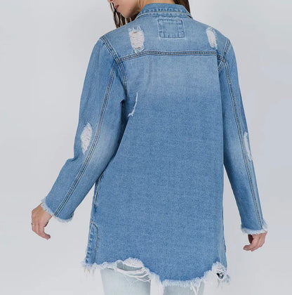 Distressed denim shirt jacket from Ivy's Gifts & Boutique, featuring a classic design and versatile style.