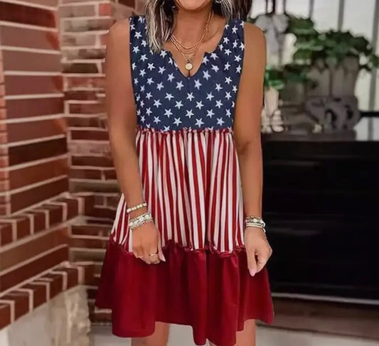 Patriotic Carefree Dress by Ivy's Gifts & Boutique featuring red, white, and blue star pattern and casual summer style.