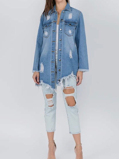 A90 distressed denim shirt-style jacket from Ivy's Gifts & Boutique with a relaxed fit and stylish worn-in look.