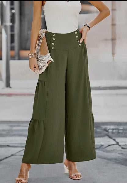 Olive green wide leg pants from Ivy's Gifts & Boutique, featuring a relaxed fit and stylish design on a white background.