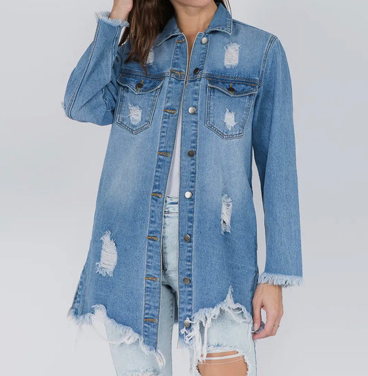 Distressed denim shirt jacket by Ivy's Gifts & Boutique, featuring a classic design and relaxed fit.