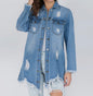 Distressed denim shirt jacket by Ivy's Gifts & Boutique, featuring a classic design and relaxed fit.
