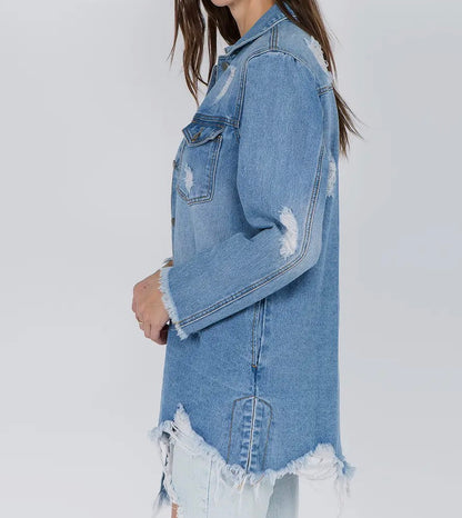 Distressed denim shirt style jacket from Ivy's Gifts & Boutique, featuring a relaxed fit and classic button-down design.