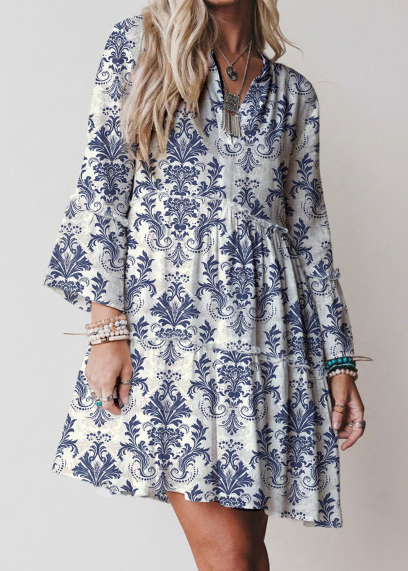 A67 Navy and Gray Printed Lightweight Fabric Dress - Ivy's Gifts & Boutique