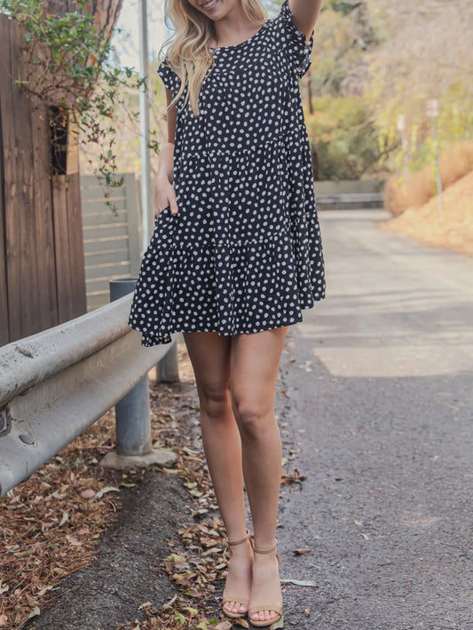 A89 Black Pebble Print Ruffle Tier Dress - Ivy's Gifts & Boutique