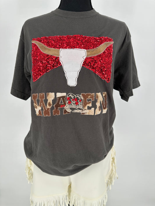 Gray Vintage Wash Wallen Tee with Red Sequins