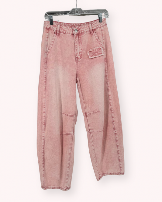 Pink Acid Wash Barrel Leg Jeans - Ivy's Gifts & Boutique