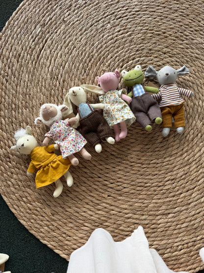 A79 Little Lovies fabric animals in assorted colors, featuring soft textures and adorable designs for cuddly comfort.