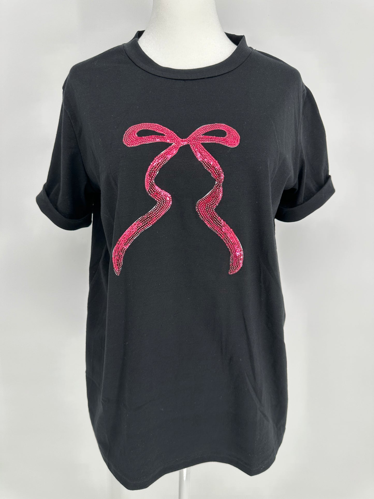 Black Shirt with Pink Sequin Bow
